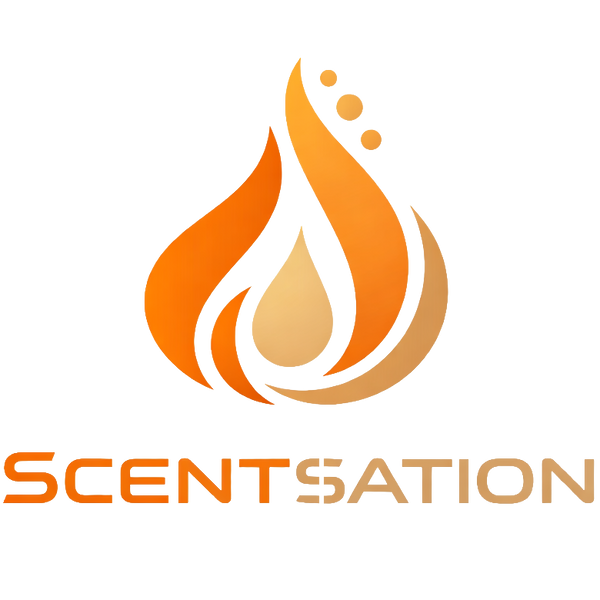 Logo of Scentation with flame and droplet design on a white background